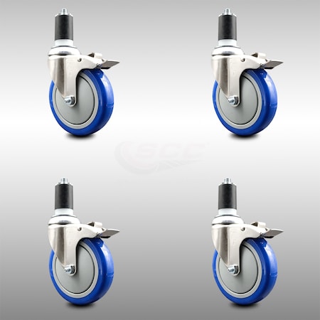 Service Caster 5 Inch 316SS Blue Poly Swivel 1-1/2 Inch Expanding Stem Caster Set Lock Brake SCC-SS316TTLEX20S514-PPUB-BLUE-112-4